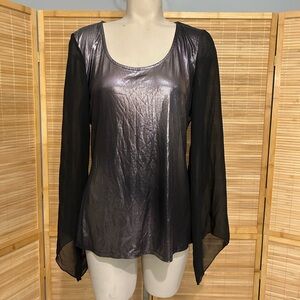 Dots purplish silver metallic blouse sheer black sleeves top shirt woman’s XL
